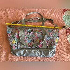 Large Gray Tote Bag with Colorful Heart Design, gym bag, duffel bag, travel bag.